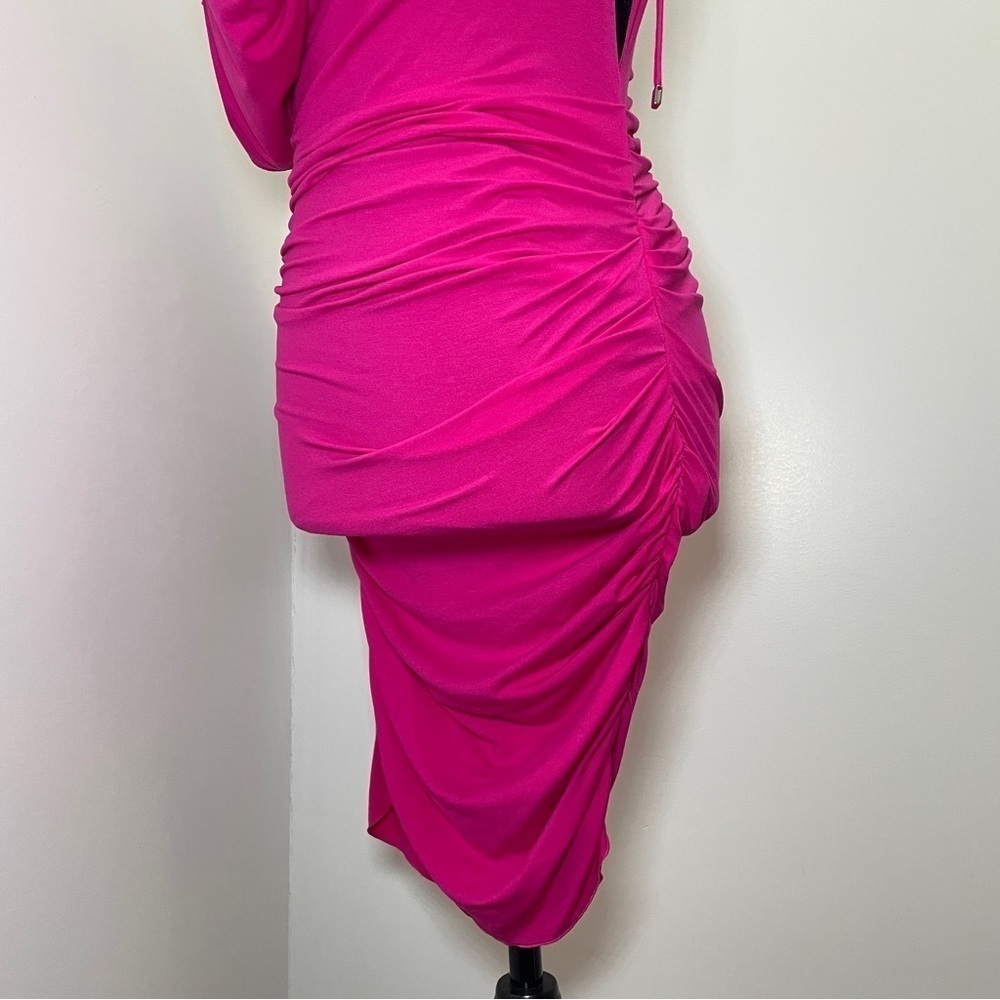 NEW! THE ATTICO- Plunge Neck Mini Dress Fushica Size Small Hot Pink - Picture 8 of 13